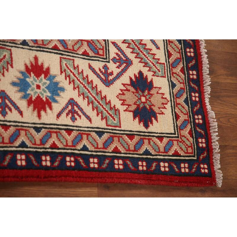 Red Geometric Kazak Area Rug Hand-Knotted Living Room Wool Carpet - 6'8" x 9'9"