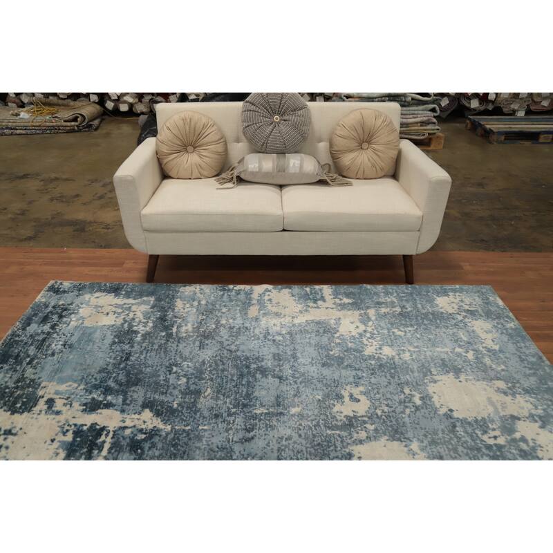 Hand Knotted Oriental Viscose Silk Carpet Modern All-Over Navy Blue & Blues Abstract Area Rug - 7' 11'' X 4' 11''