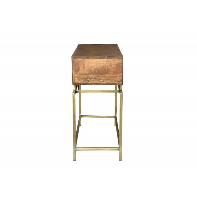 HomeRoots 36" Brown and Brass Solid Wood Distressed Frame Console Table With Storage - 36.00 in. x 30.00 in. x 14.00 in.