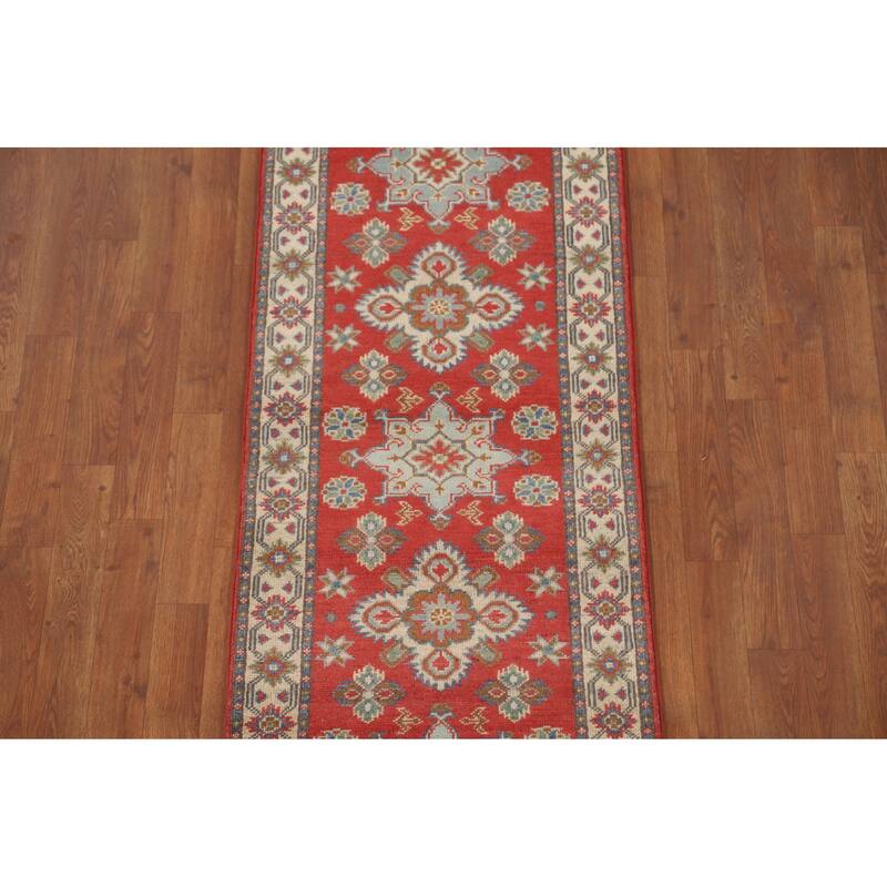 Geometric Kazak Runner Rug Hand-Knotted Traditional Red Wool Carpet - 2'1" x 5'10"