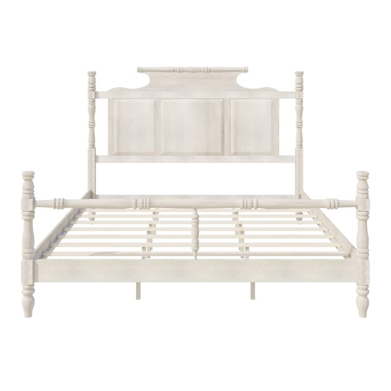 Vintage Country Style Wood Four Poster Platform Bed with 56.9" High Crown-like Headboard