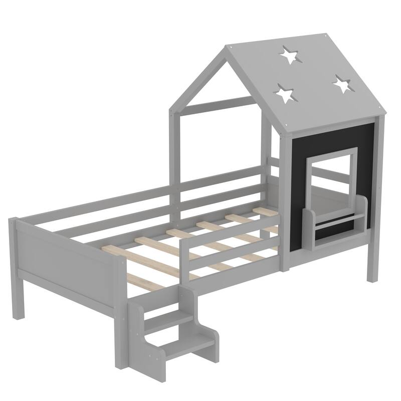 Twin House Beds with Low-Profile Stairs and a Window, Solid Wood House Platform Bed with a Bookcase Design