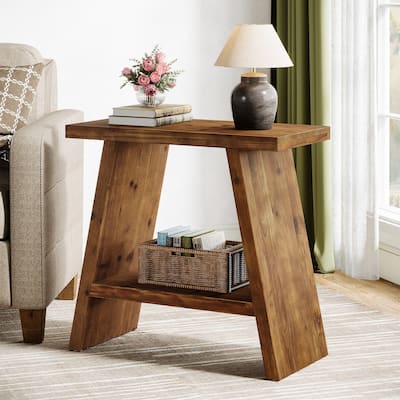 Solid Wood Farmhouse Side Table with 2-tier Storage Shelf