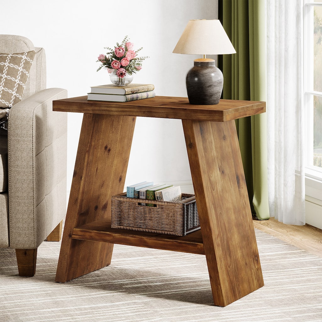 Solid Wood Farmhouse Side Table with 2-tier Storage Shelf