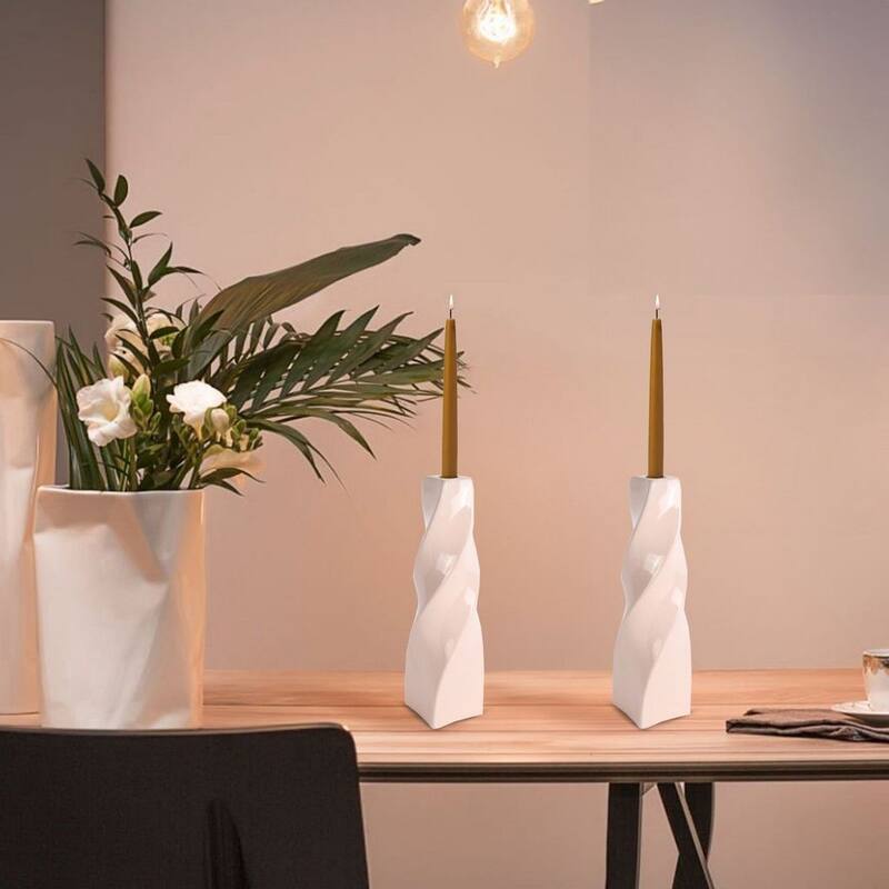 Set of Two Tall Curvy Santa Fe Style Candlesticks in Vanilla