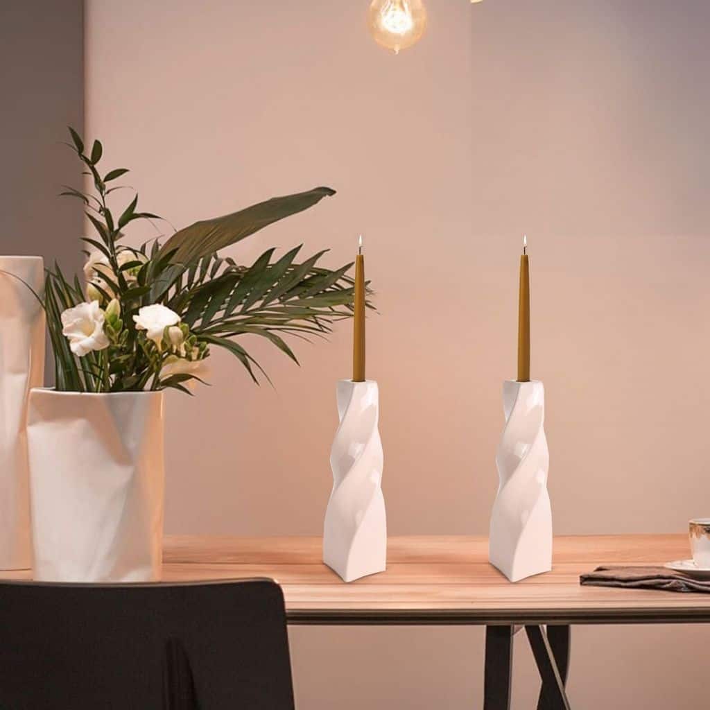 Vanilla Set of Two Tall Curvy Ceramic Candlesticks in Santa Fe Style
