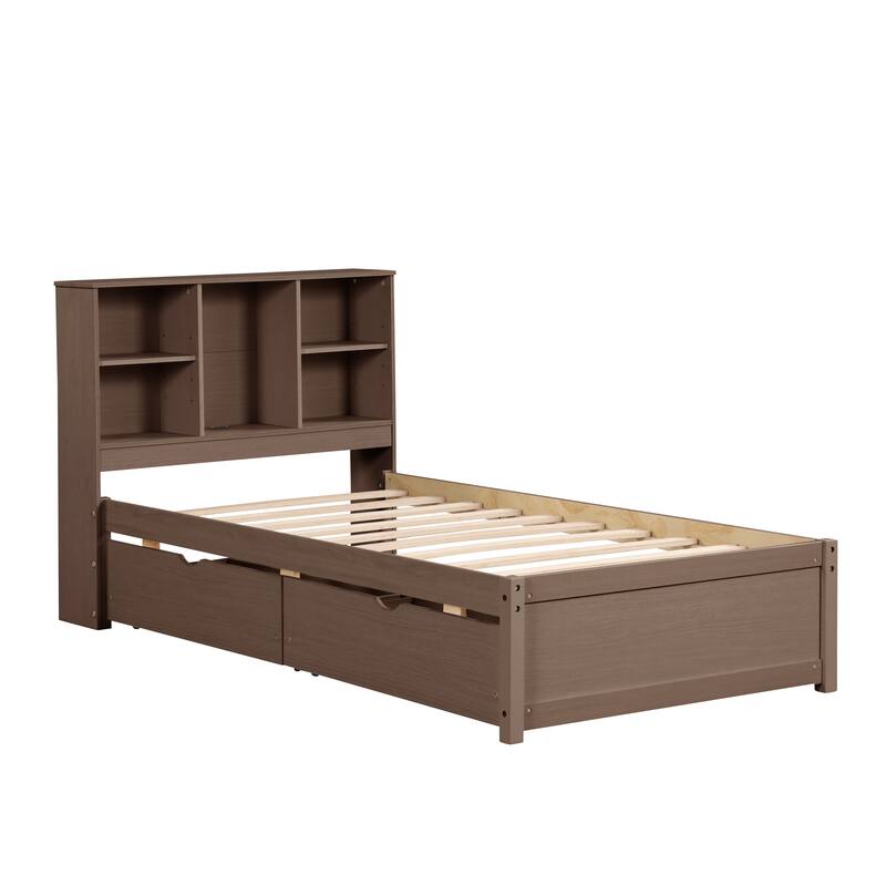 Modern Twin Size bed Frame With Built-in USB Port on Bookcase Headboard and 2 Drawers for Walnut Color