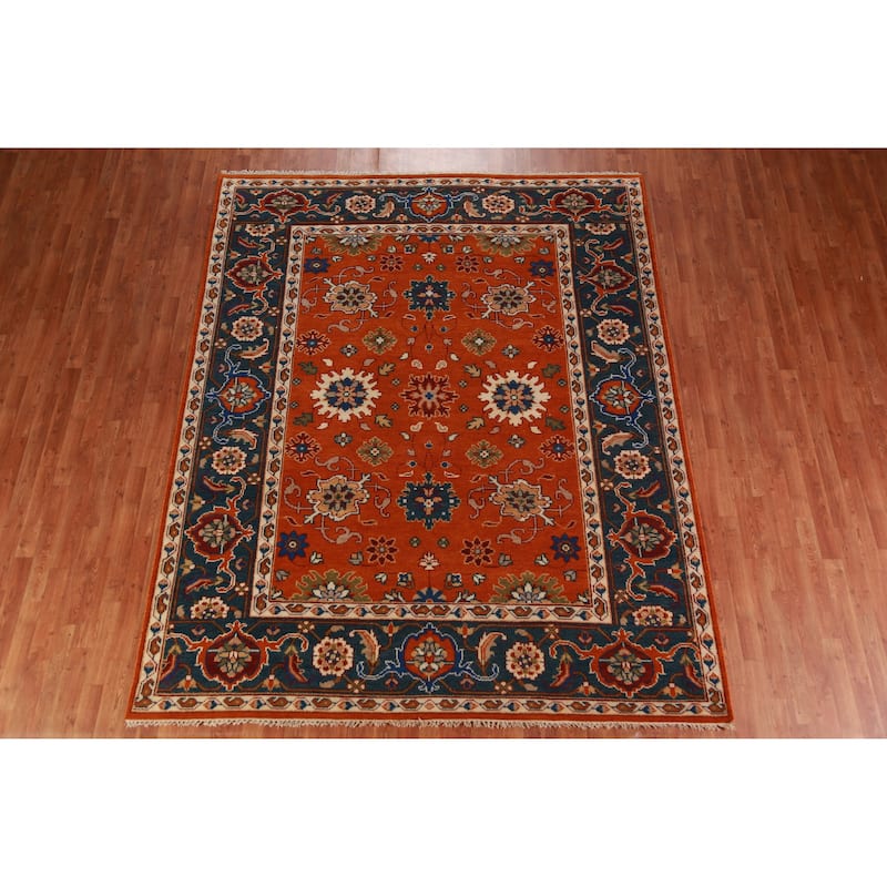 Orange Floral Oushak Indian Area Rug Hand-Knotted Wool Carpet - 7'11" x 9'11"