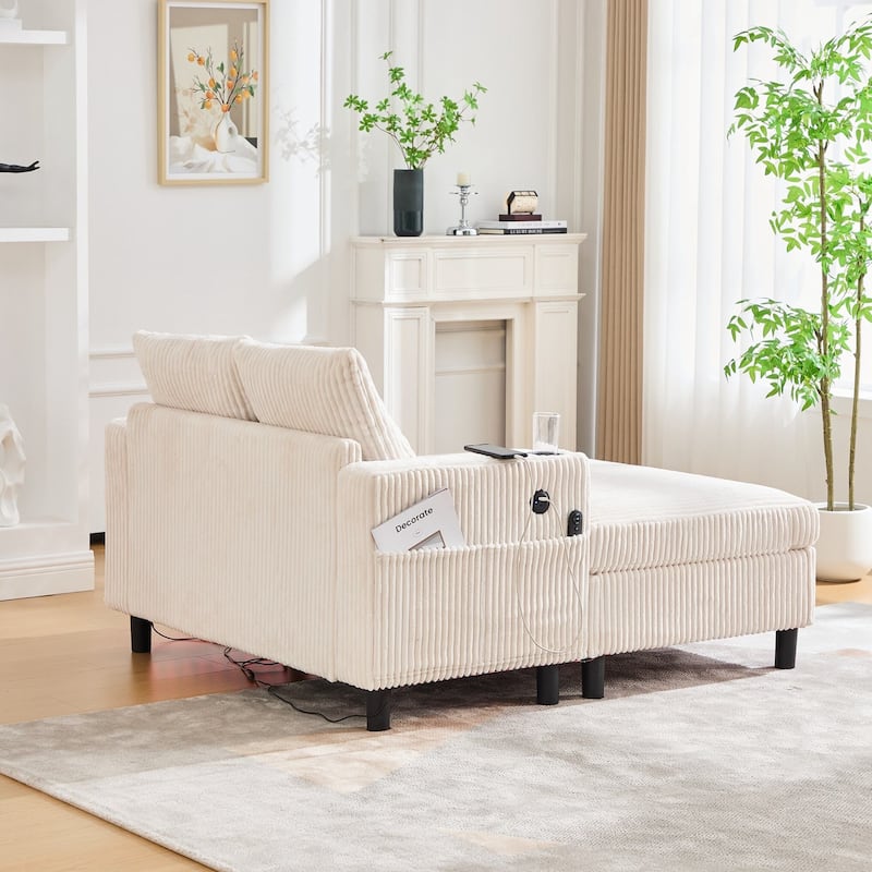 Modern Corduroy Oversized Recliner Sofa with Deep Seat, 3 Pillows, USB Charging, RGB LED Light Strip, Cup Holder, Side Pocket