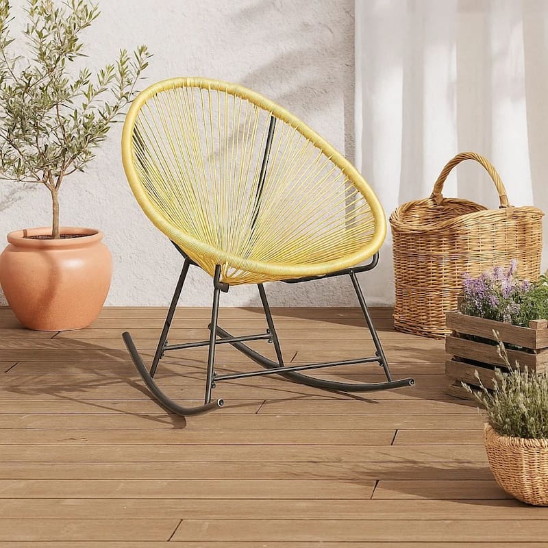Jackie Rocking Acapulco Chair, Beige Poly Rattan, Powder Coated Steel