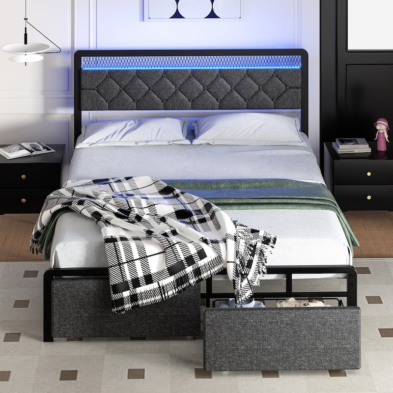 Full & Queen Bed Frame with LED Light Headboard and Storage Drawers - Full