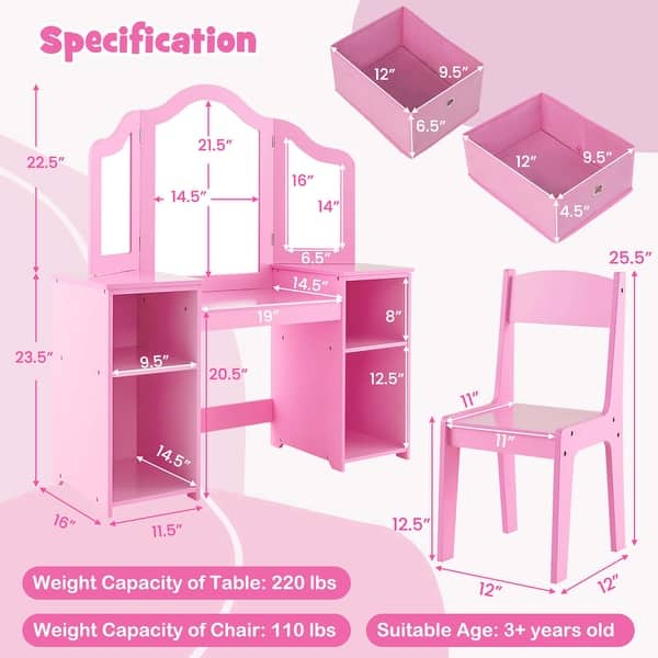 dimension image slide 0 of 2, Costway Kids Vanity Table & Chair Set 2-in-1 Princess Pretend Play - See Details