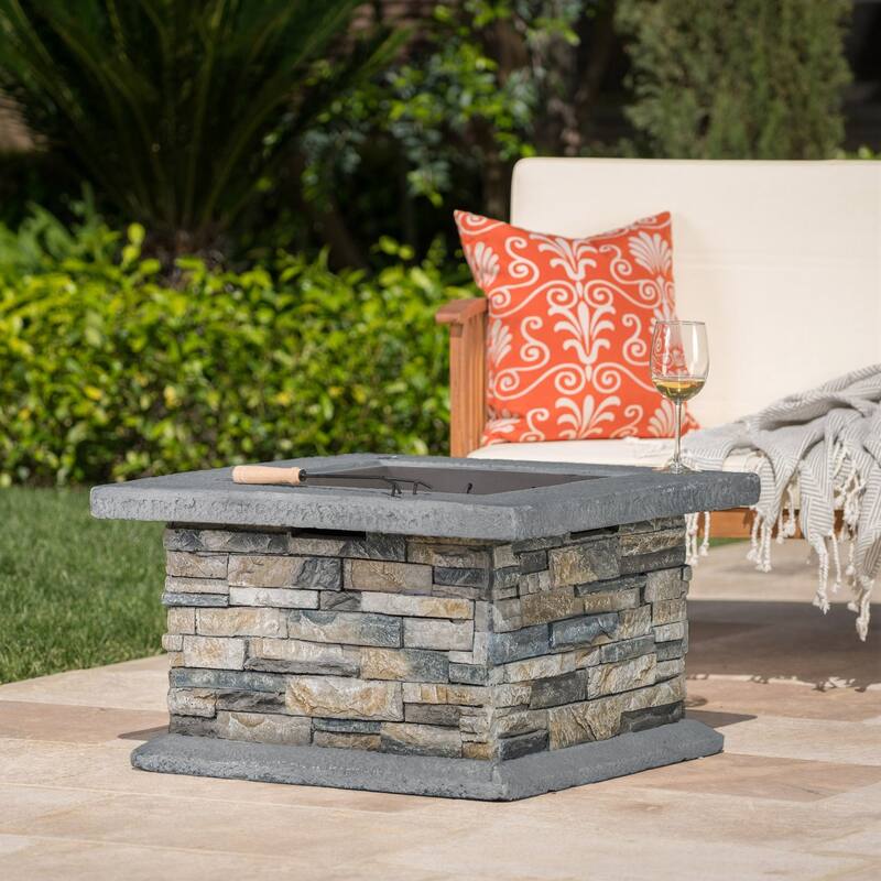 29 in. W x 17.1 in. H Stone Square Wood-Burning Outdoor Fire Pit in Gray