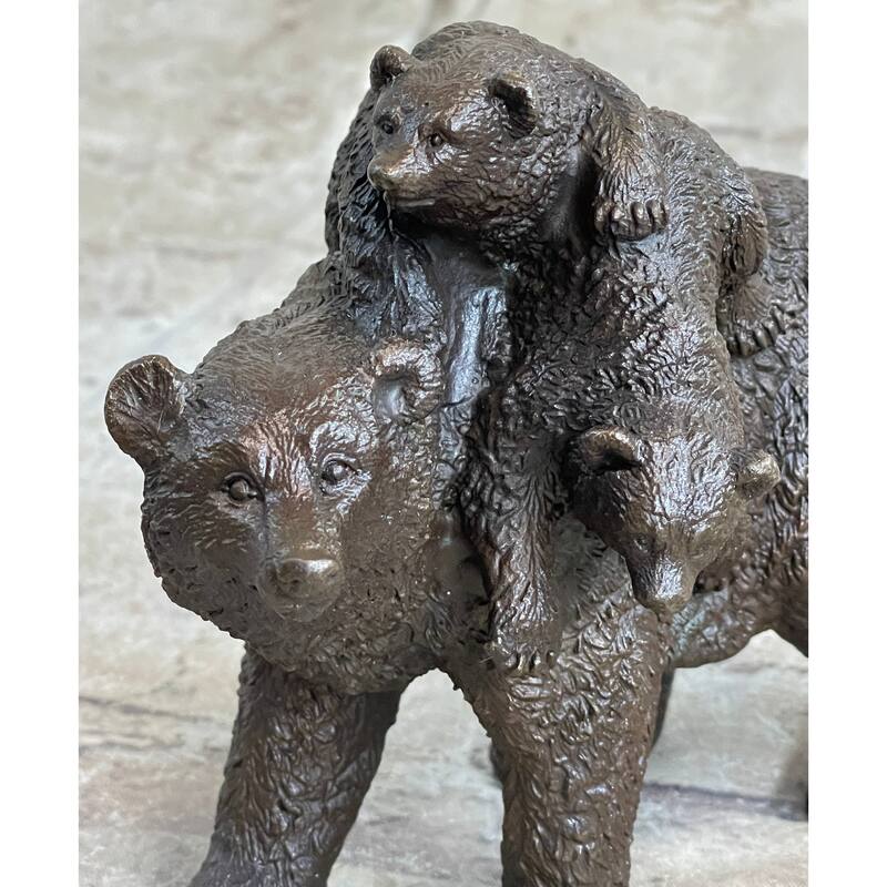 Young Cubs On Back Mother Bear 100 Percent Solid Bronze Statue Sculpture Figurine