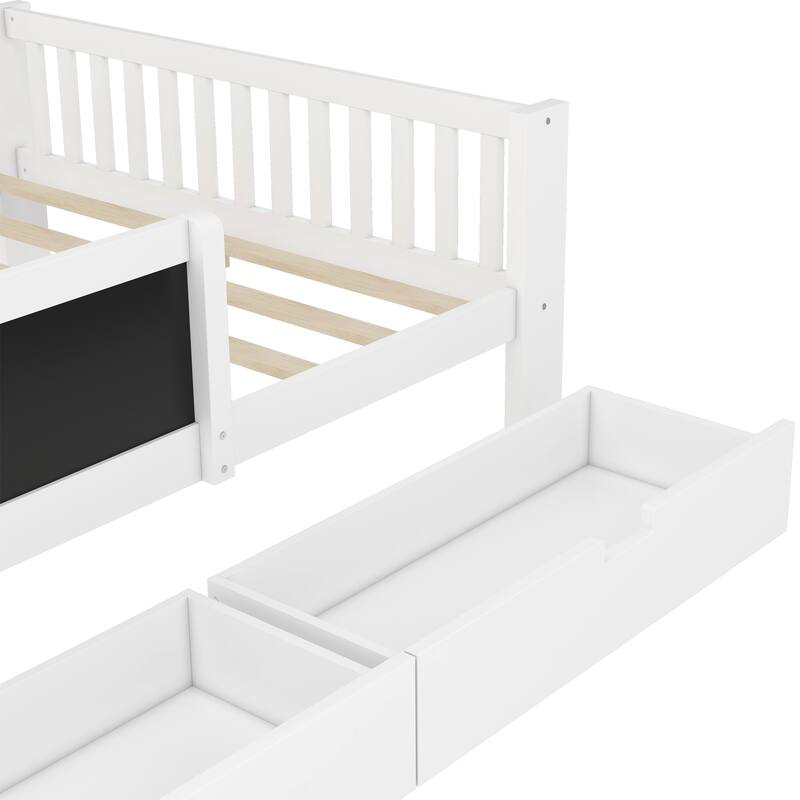 Childlike Fun Solid Wood Low-profile Platform Bed Storage Bed Frame with Side Chalkboard, Open Shelves, Drawers and Guardrails
