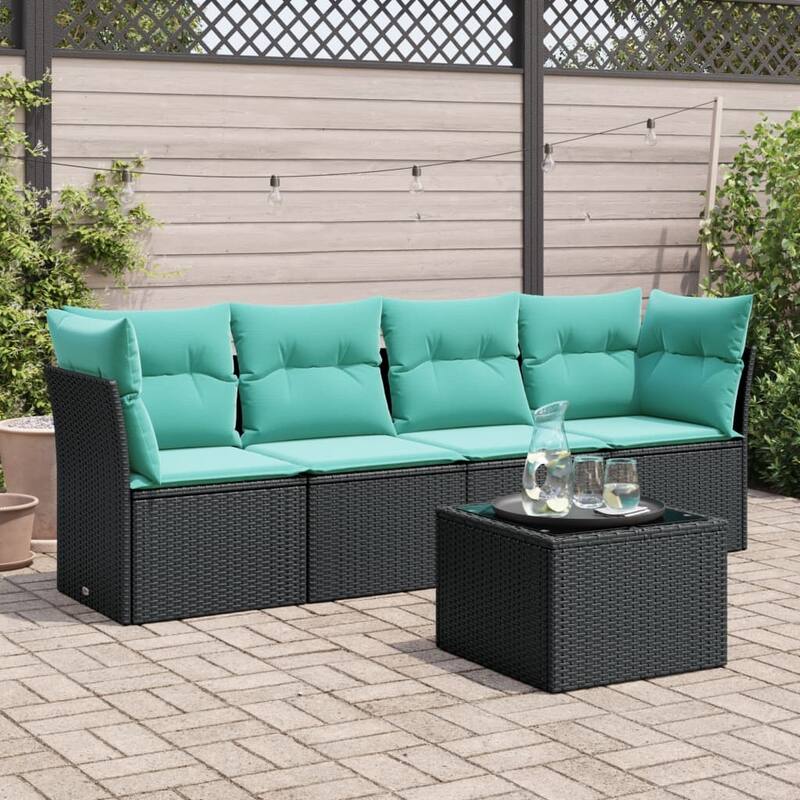 vidaXL 5 Piece Patio Sofa Set with Cushions Black Poly Rattan - 24.4 x 24.4 x 27.2