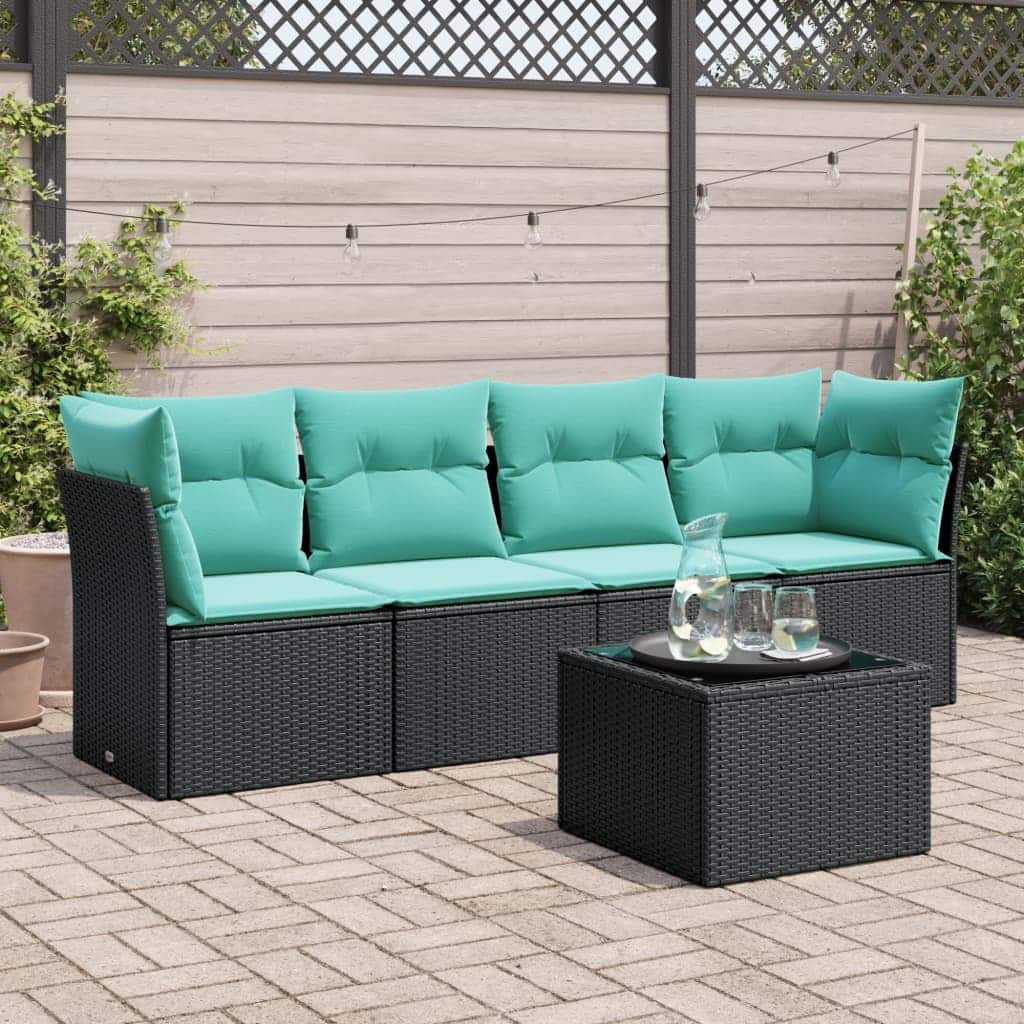 vidaXL 5 Piece Patio Sofa Set with Cushions Black Poly Rattan - 24.4 x 24.4 x 27.2