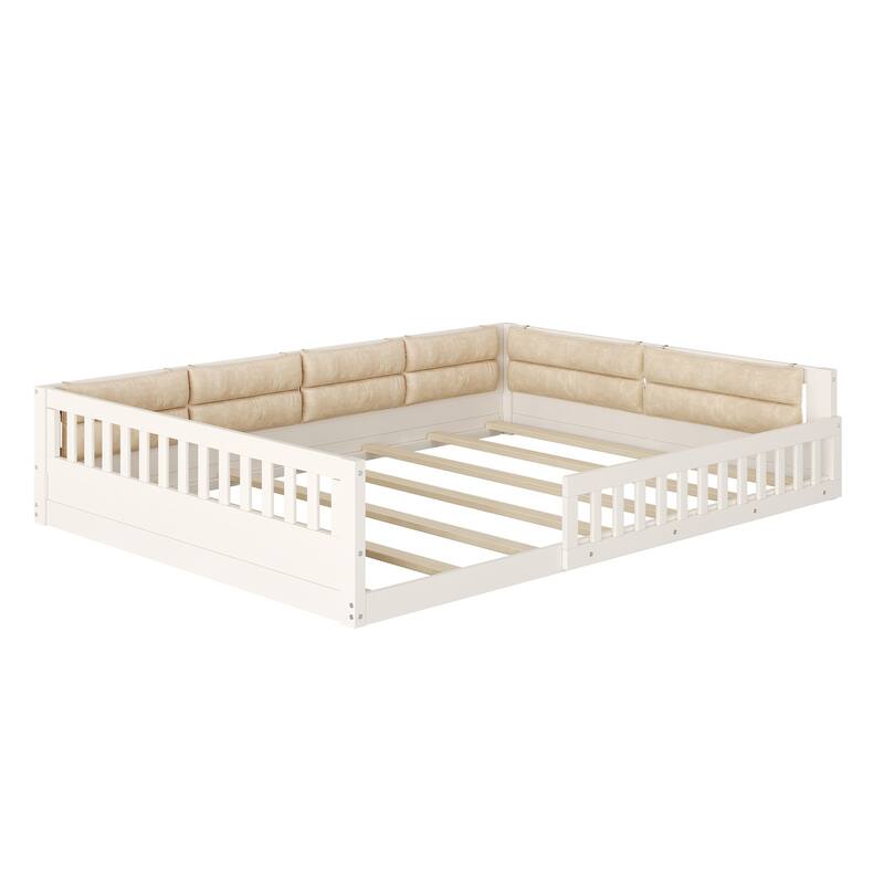 Full Size Upholstered Platform Bed with Guardrail and Pillow, Beige