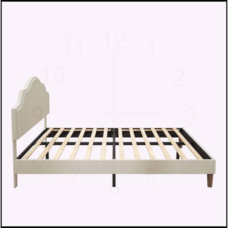Linen Fabric Padded Platform Bed with Adjustable Headboard