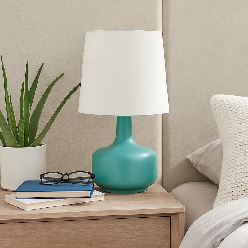 Metal Pot Belly Base Table Lamp with 3 Way Touch Light, White and Sky Blue