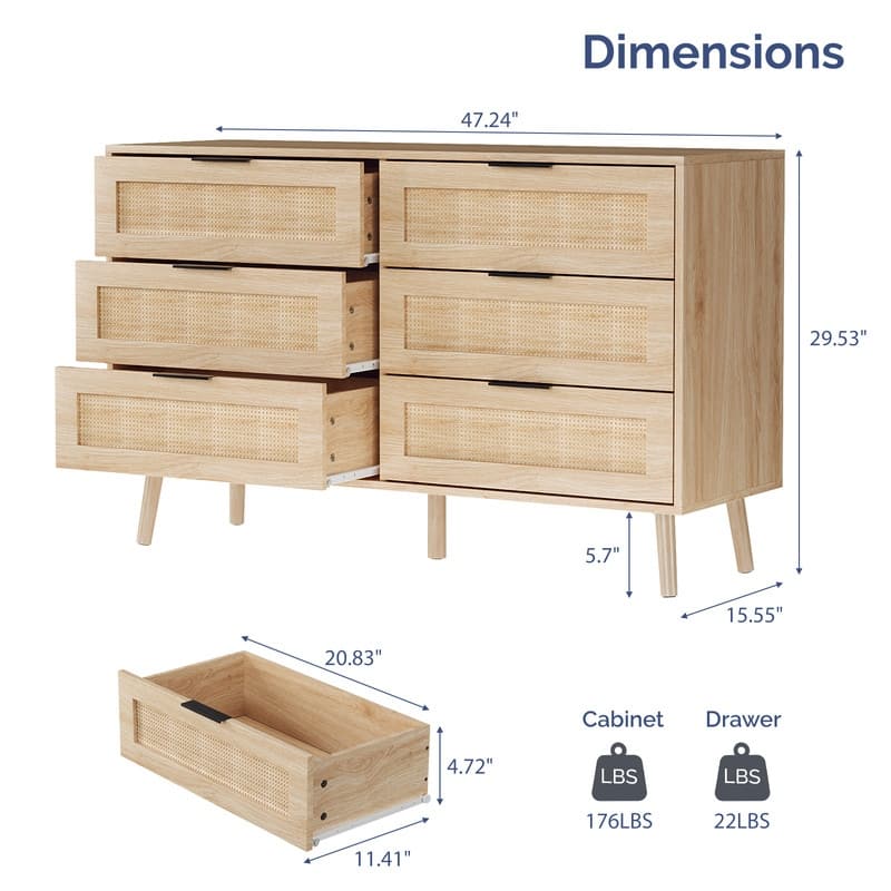 Oak 15MM P2 Density Board Solid Legs Real Rattan 47.2in 6-Drawer Cabinet