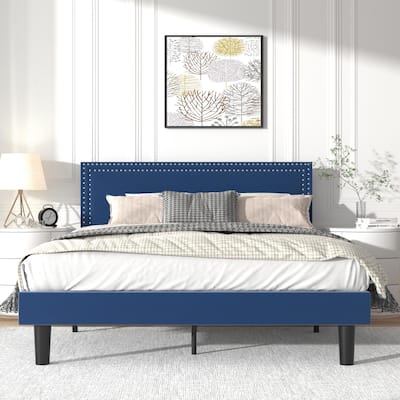 Tufted Nailhead Upholstered Platform Bed Frame with Adjustable Headboard，Blue