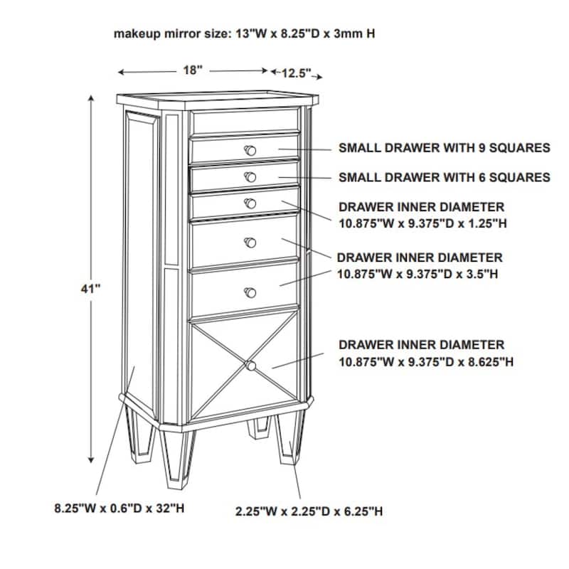 Mirrored Jewelry Armoire with Tapered Legs - 41" - Silver