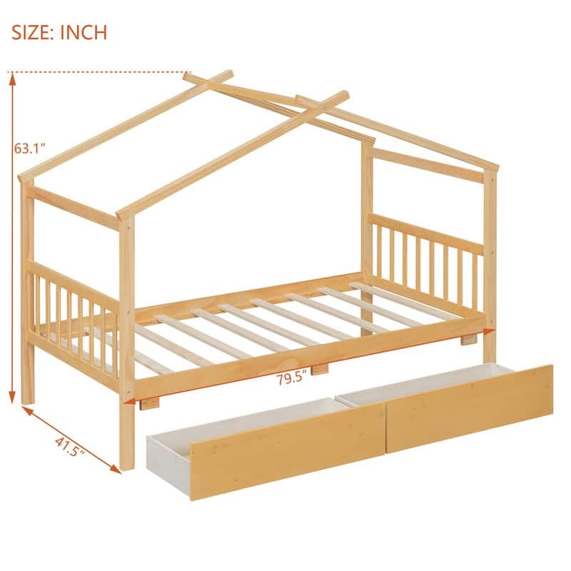 Twin Size Wooden House Bed with 2 Drawers
