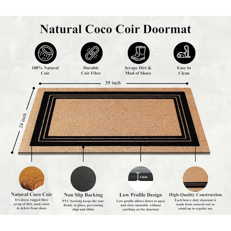 A1HC Classic Border Entrance Door Mats, Durable Large Outdoor Rug, Non-Slip, Flock Doormat Black/Beige