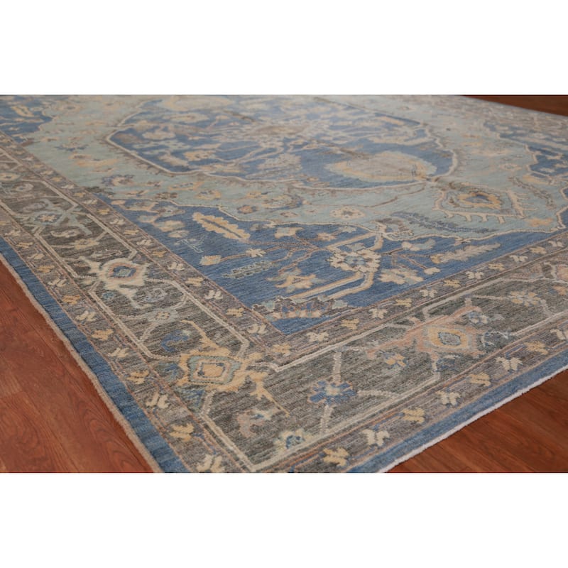 Hand Knotted Oriental 100% Wool Carpet Transitional Medallion Navy Blue & Blues Oushak Area Rug - 12' 1'' X 9' 1''