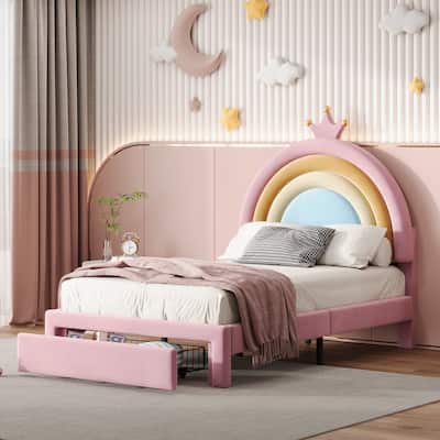 Roomfitters Twin/Full Size Upholstered Rainbow Design Bed, Velvet Princess Platform Bed with Storage Drawer