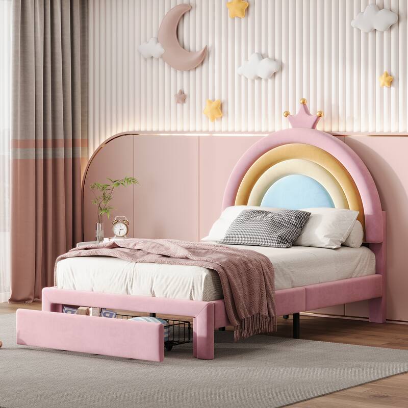 Twin Size Rainbow Velvet Platform Bed with Storage Drawer, No Box-Spring Needed - Pink