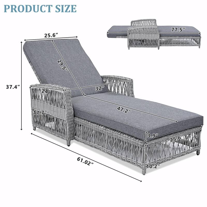 Outdoor Wicker Recliner - Adjustable Long Chaise with Armrests and Soft Cushions