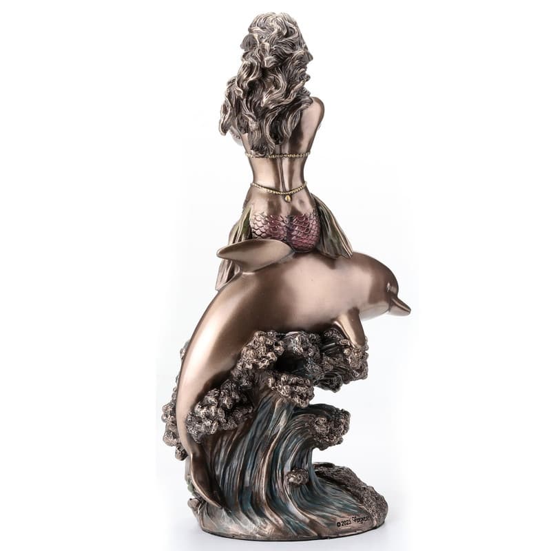 8.27 inches Height Cold Cast Bronze Mermaids Call on the Back of A Dolphin Bronze Finish Figurine