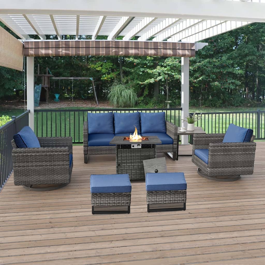 6PCS PE Wicker 3-Seat Sofa Chait with Propane Fire Pit Table
