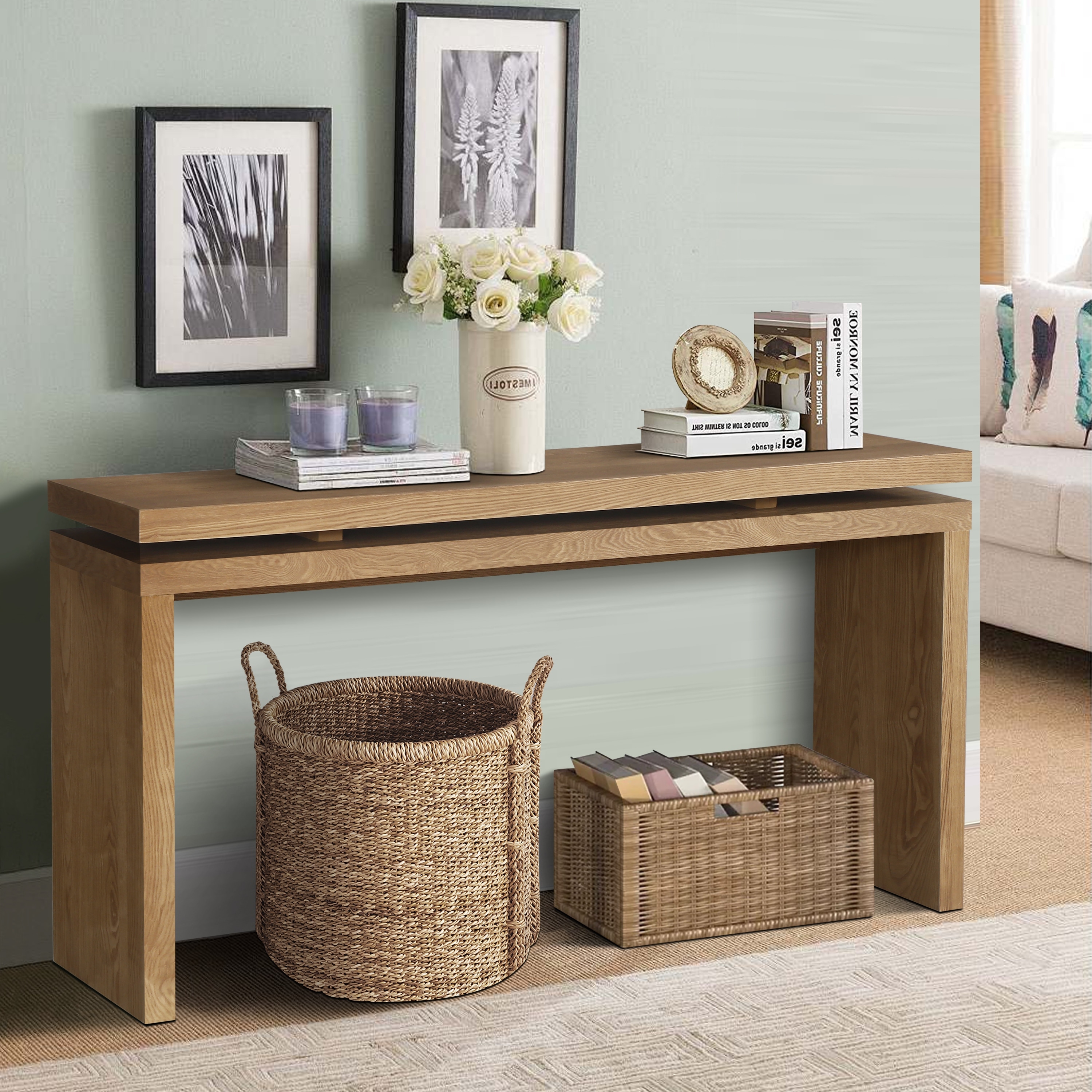 60''Retro Wooden Console Table with Double Board Suspension Design