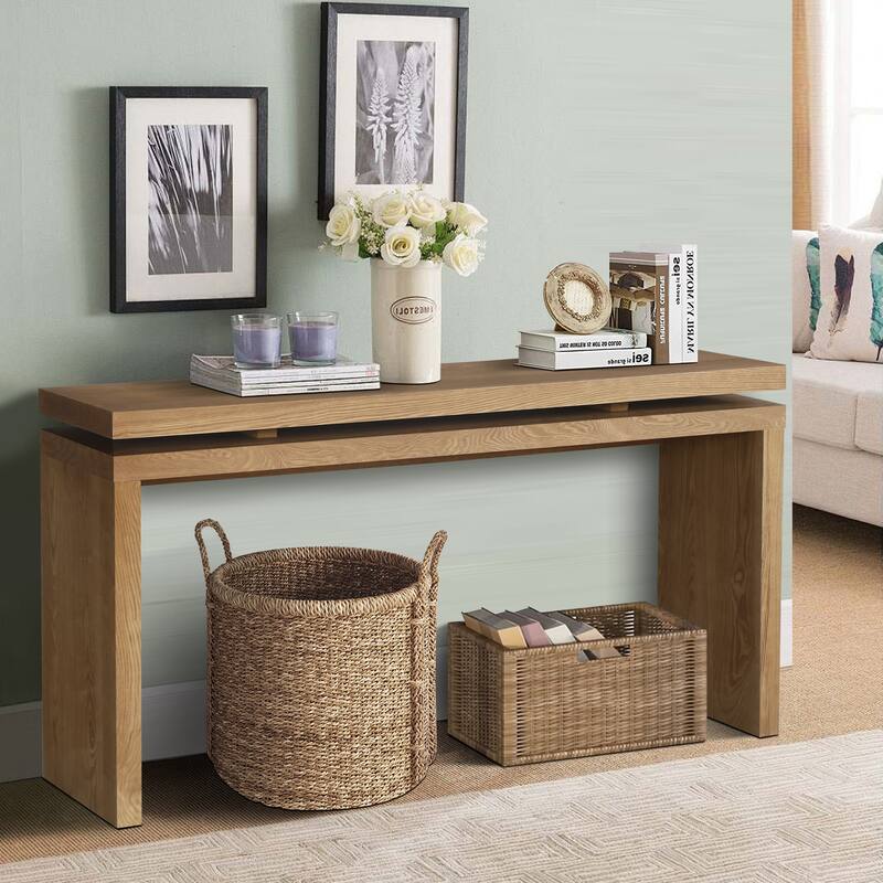 Retro Entryway Table Wooden Console Table with Double Board Suspension Design and Wood Grain Texture for Hallways, Living Rooms