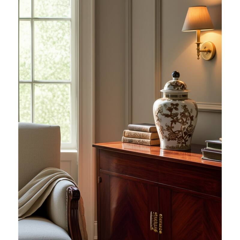 Stoneware Jar Chinoiserie Floral Bird Design Home Office - 12" Brown