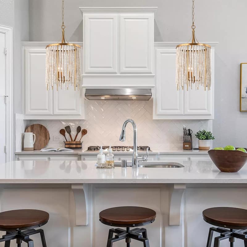 Alisar Mid-century Modern Mini Boho Kitchen Island Pendant with Distressed White Wood Beads