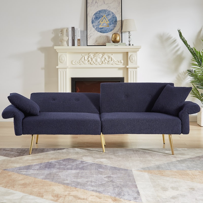 Upholstered Accent Loveseat Sofa With Side Pocket,Folding Sleeper Sofa Bed With Foldable Armrest - Dark Blue