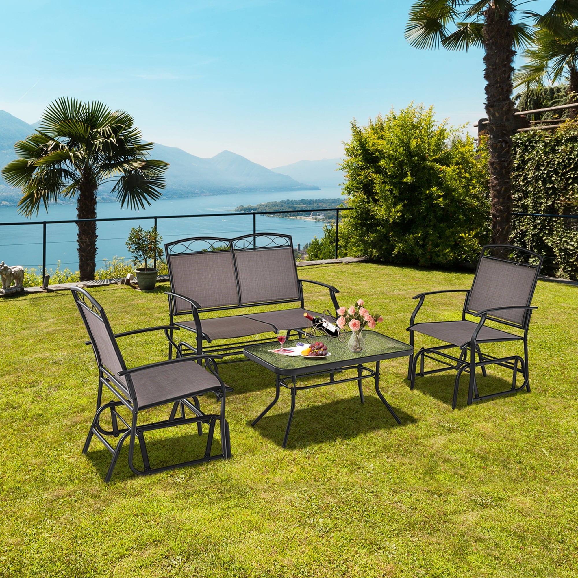 Costway 4pcs Patio Glider Conversation Set Swing Rocking Chair