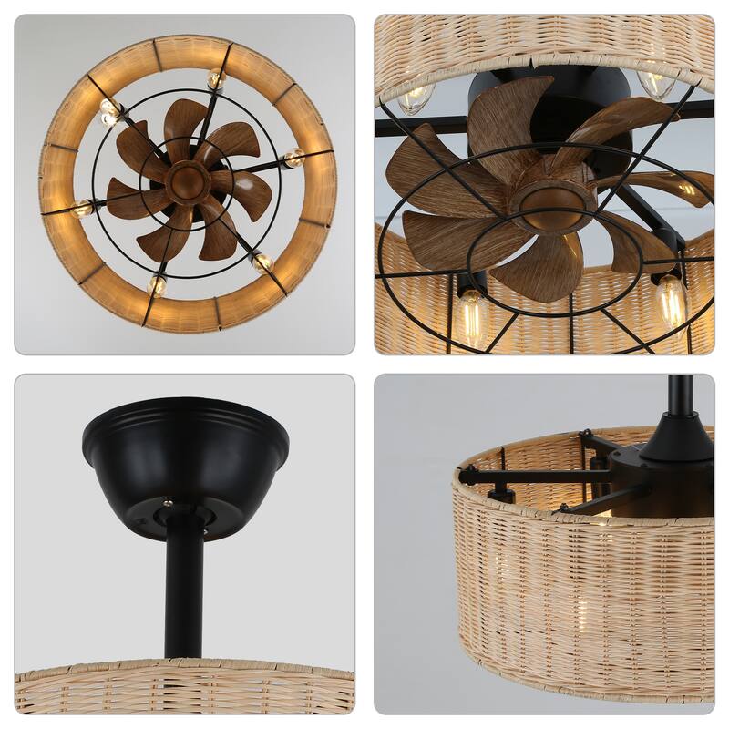 20" Oaks Aura Rattan Wicker Zen Conception Ceiling Fan with Lights,3- Speed Scandi Style Fan lights w/Remote, Downrod Included