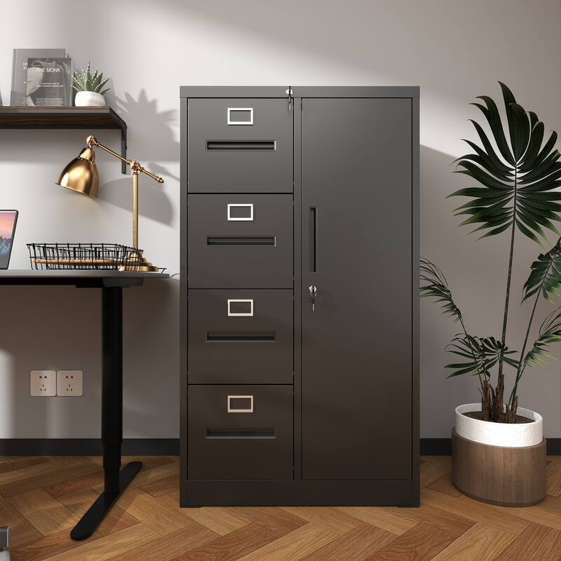 Metal Storage Vertical Filing Cabinet with Lock, Steel File Locker with 4 Drawers and 1 door - Black