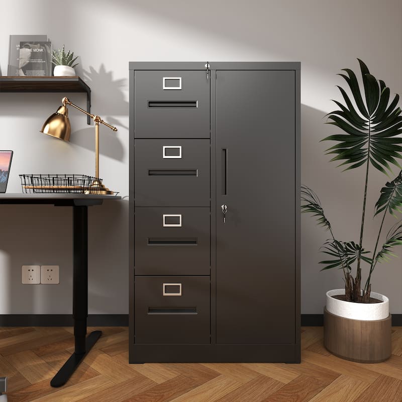 Metal Vertical Filing Cabinet with Wardrobe, Lockable Steel Office File Storage Cabinet with 4 Drawers and 1 Door