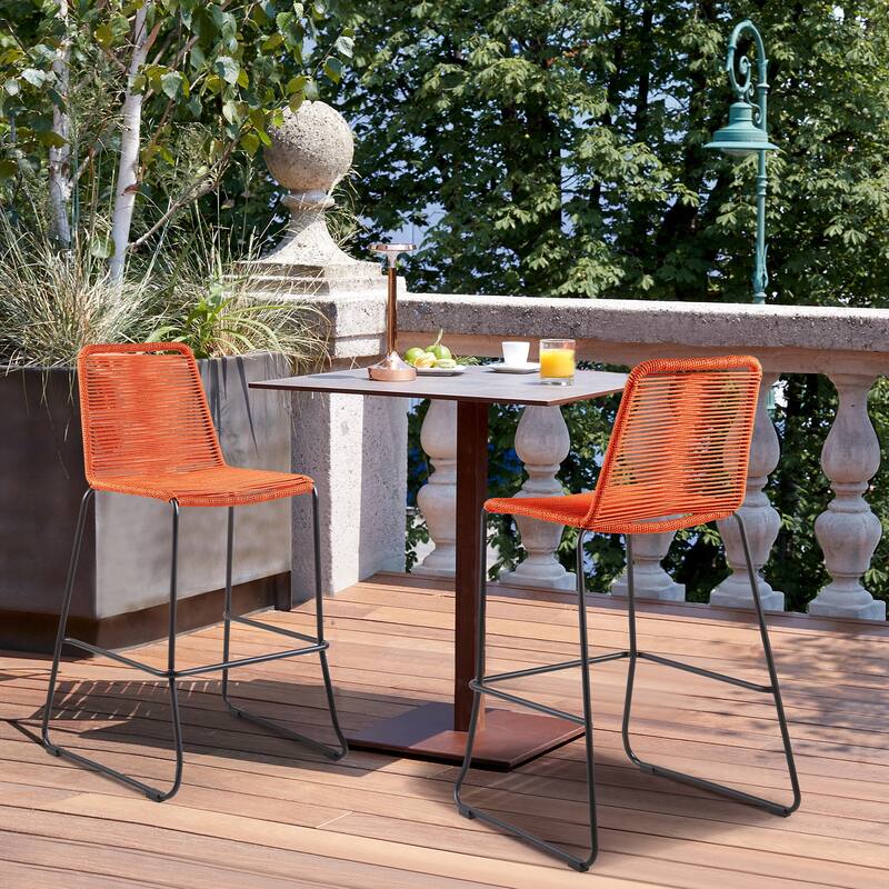 Shasta Black Steel and Rope Indoor Outdoor Bar Height Stackable Patio Bar Stools - Set of 2 - Bar Height