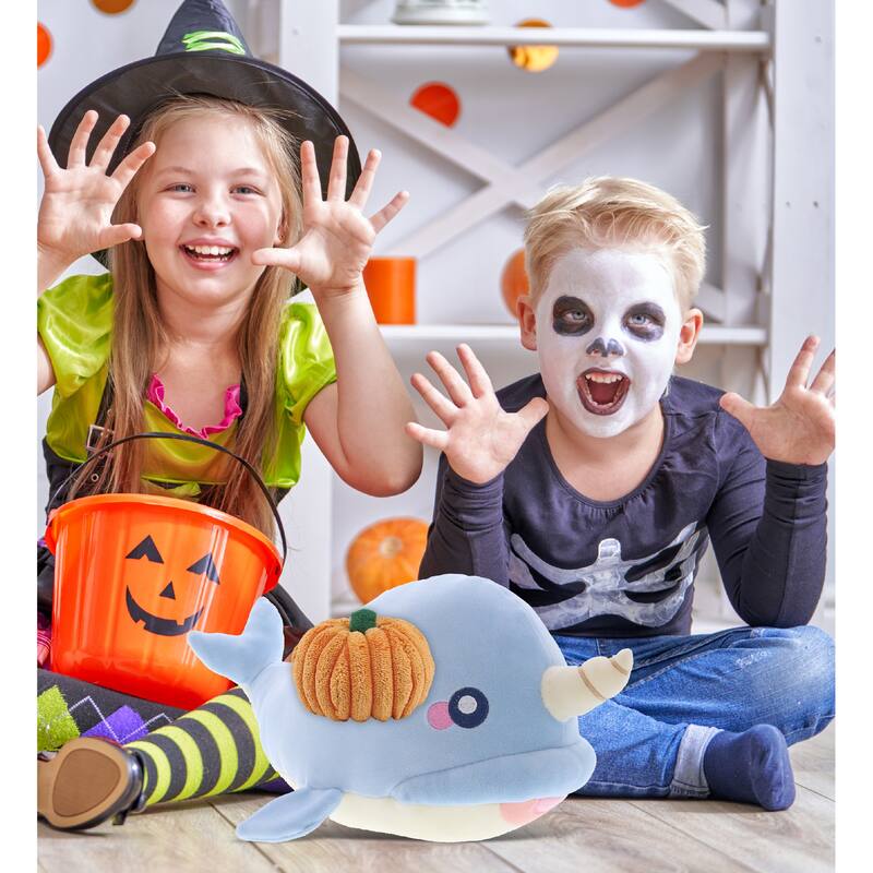 DolliBu Baby Soft Blue Narwhal Stuffed Animal with Pumpkin Decor - 11.75 inches