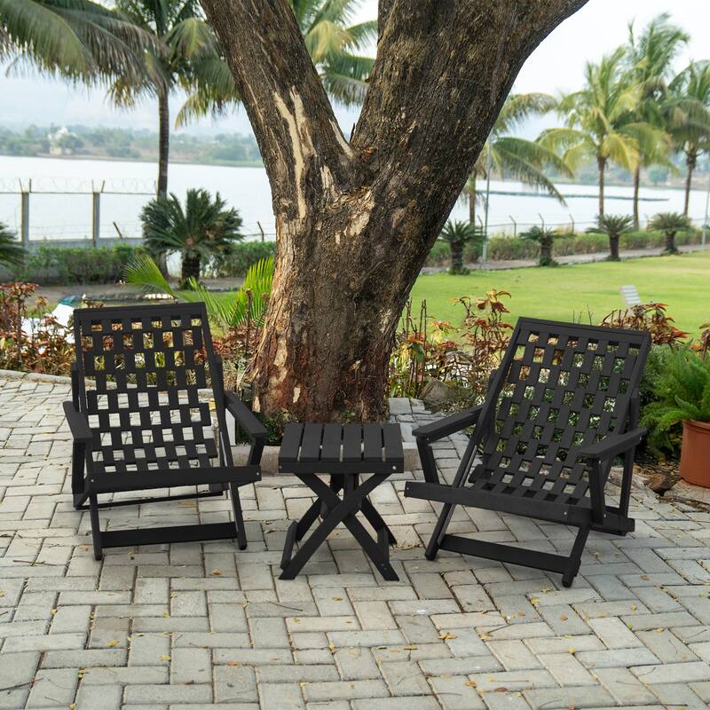 Aspen Fully Assembled All-Weather Outdoor Folding Lounge Chair and Table Set - 3-piece - Black
