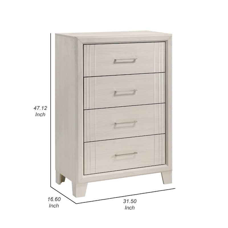 Charie Tall Dresser Chest with 4 Drawers, Tapered Feet, White Wood