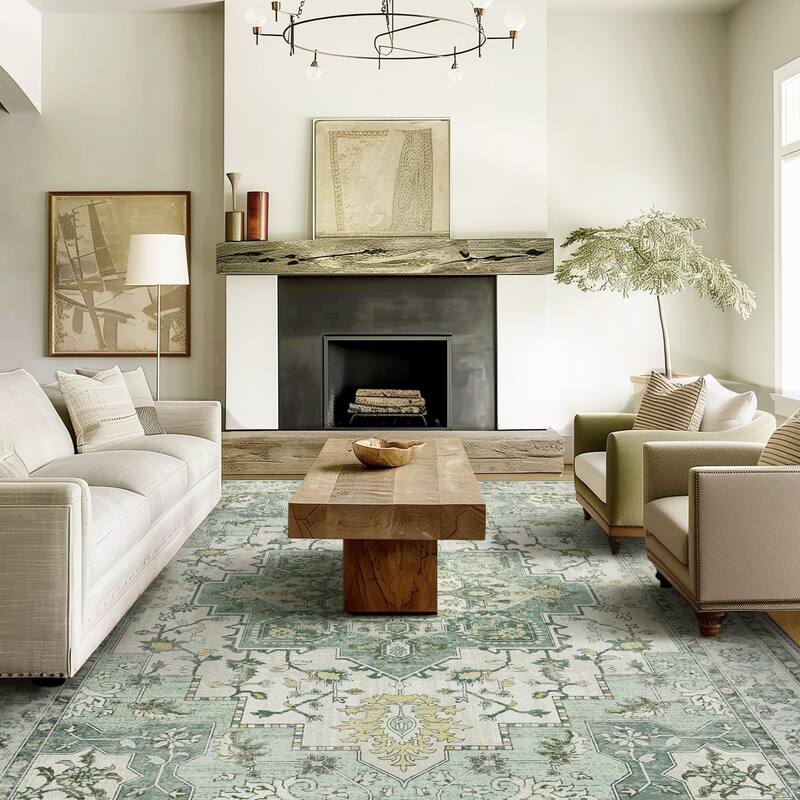 Mcow Green Floral Faded Low Pile Machine Washable Non-Slip Area Rug