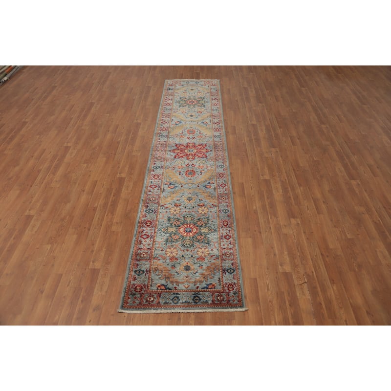 Hand Knotted Oriental 100% Wool Carpet Traditional All-Over Greys & Charcoal Ziegler Runner Rug - 11' 5'' X 2' 7''